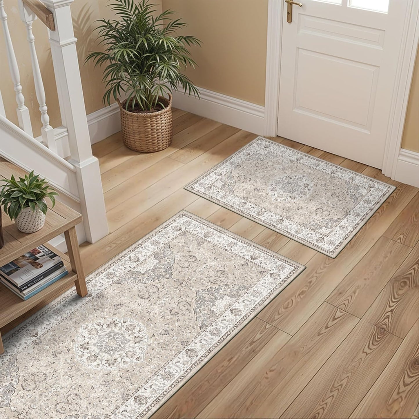 Skiennix Kitchen Runner Rug Set - Washable Non-Slip Floor Mats for Sink & Stove | Soft Low Pile, Water-Resistant (2x3 + 2x4, Beige)