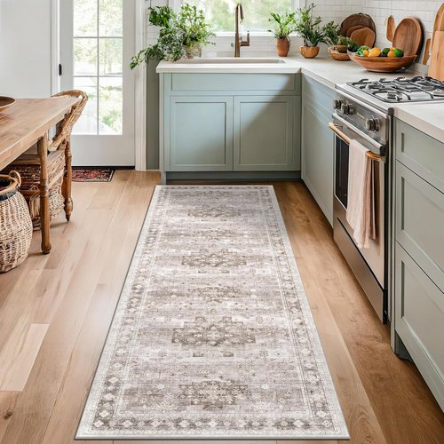 Hazo Haus Boho Runner Rug - 2x7 Long Neutral Farmhouse Design | Vintage Floral, Washable & Non-Slip, Latte Beige