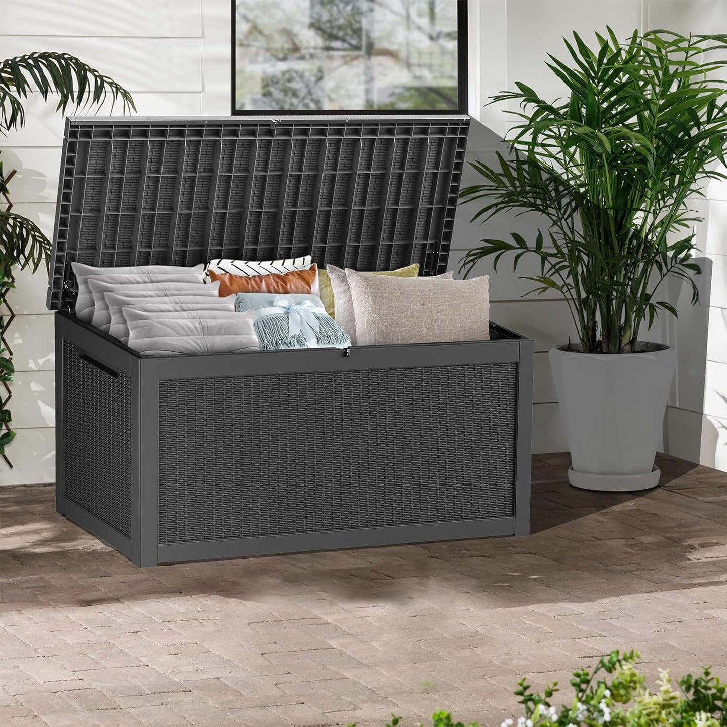 TARKARI 320 Gallon Lockable Resin Deck Box - Waterproof & UV-Resistant Outdoor Storage | Black