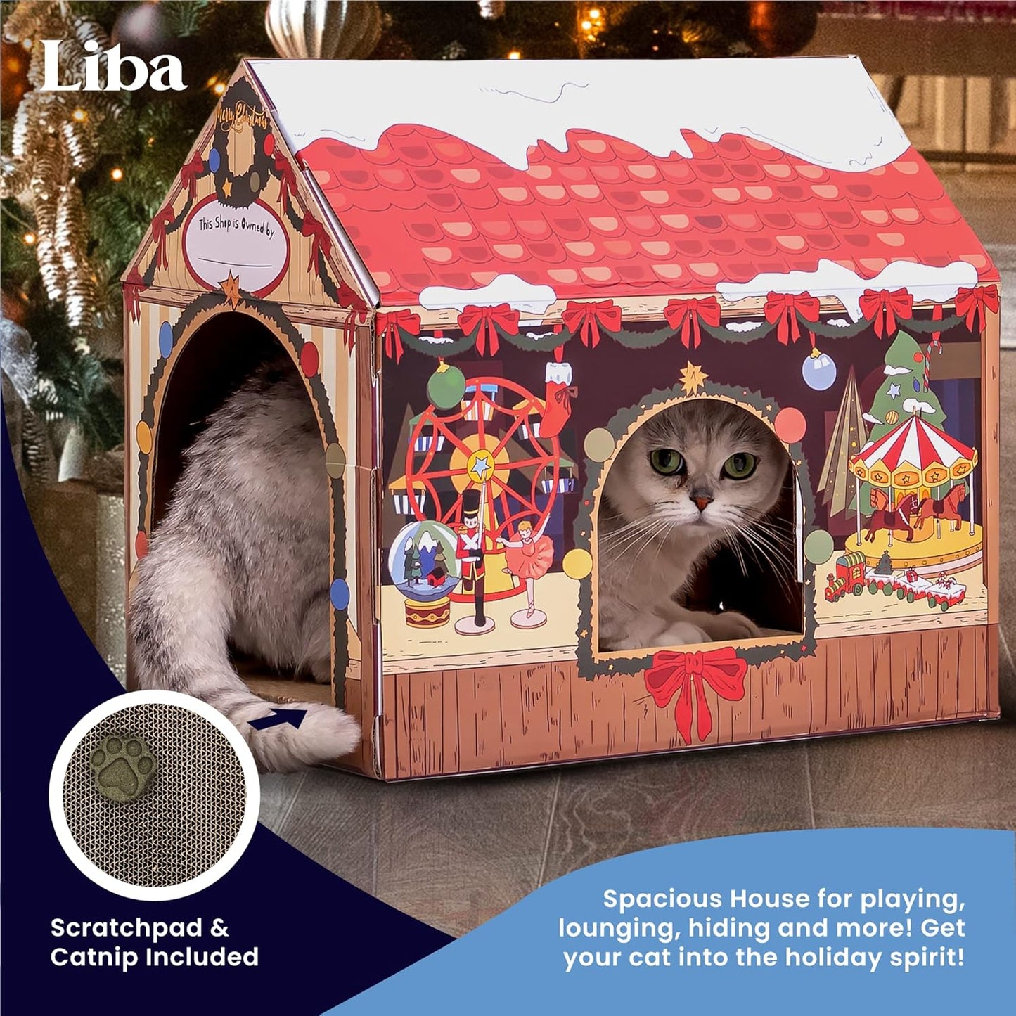 LiBa Cat House - Cardboard Cat Bed with Scratch Pad & Catnip | Indoor Cat Scratcher for Cozy Comfort
