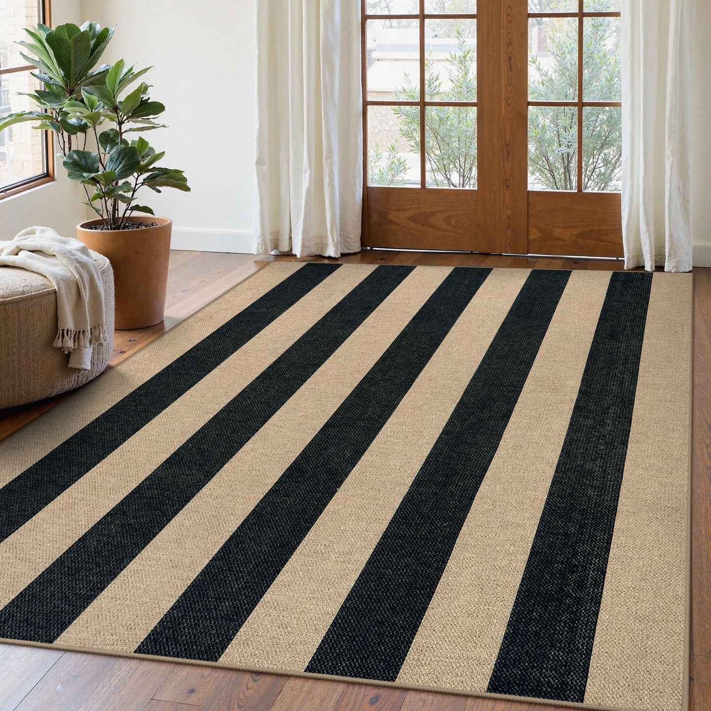 Lahome Elance Striped Easy Jute Outdoor Rug 5x7, Large Neutral Dining Living Room Rug, Farmhouse Non Slip Non Shedding Washable Indoor Outdoor Black Carpet for Office Deck Patio Backyard Bedroom