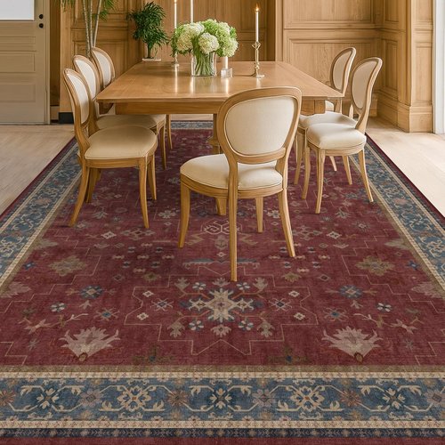 Hazo Haus Oriental 9x12 Soft Area Rug - Dark Red Vintage Design for Living Room & Bedroom, Washable Non-Slip
