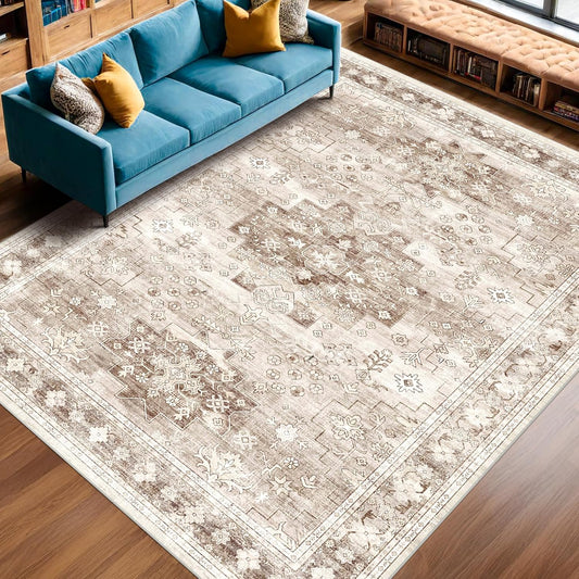 Skiennix Washable Area Rug - Large 8x10 Boho Vintage Floral Design | Non-Slip & Stain Resistant (Beige/Latte)