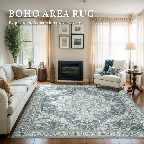 Deerly Boho Tribal Area Rug 5x7 Vintage Rug Bohemian Washable Large Living Room Rugs for Bedroom Non Slip Low Pile 5x7 Rug for Kitchen Entryway Bathroom Bedroom Dining Room Office, Canal Blue
