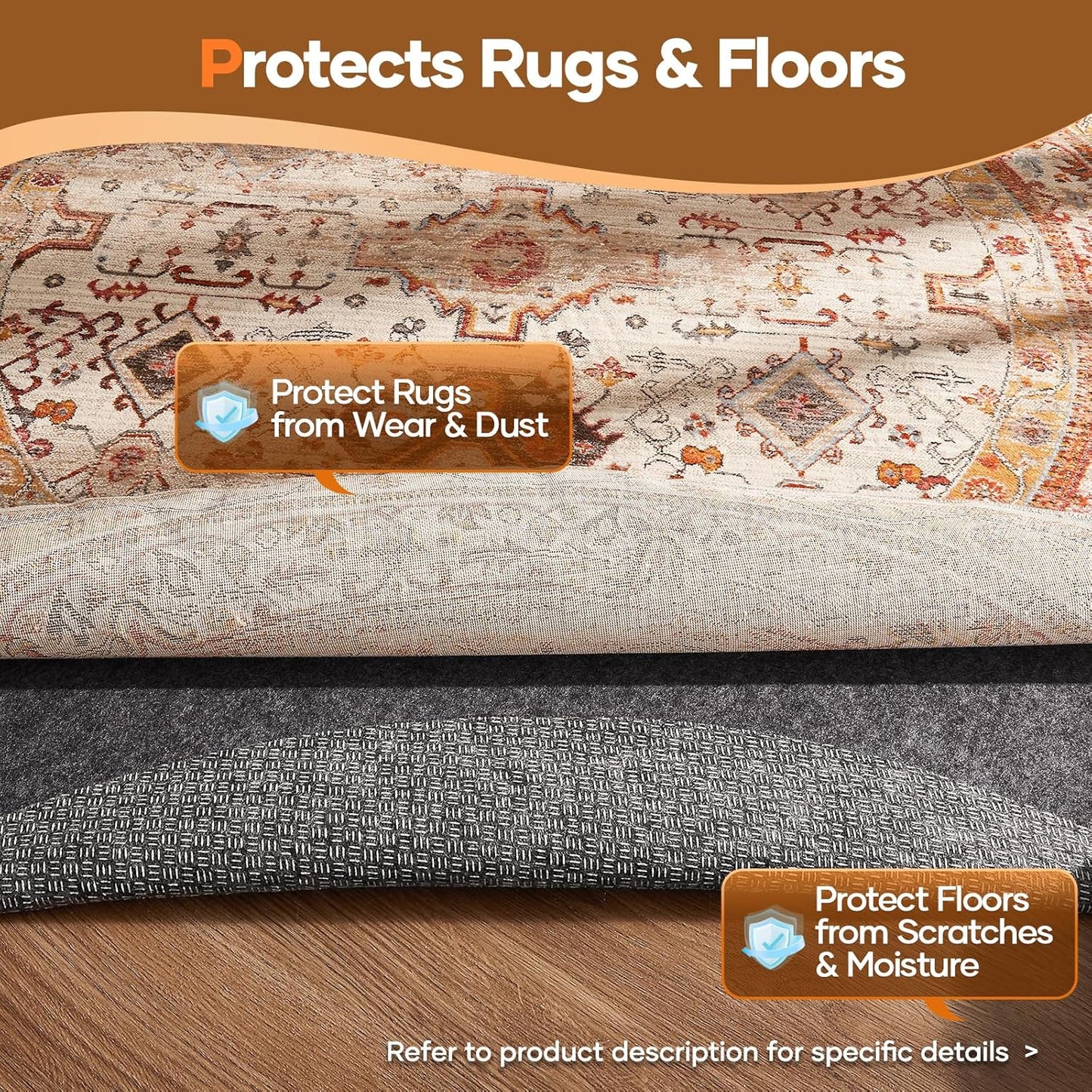 Veken Non-Slip Cushioned Rug Pad - 6 Ft Felt & Silicone Backing for Hardwood Floors | 1/8" Thick Anti-Skid Mat