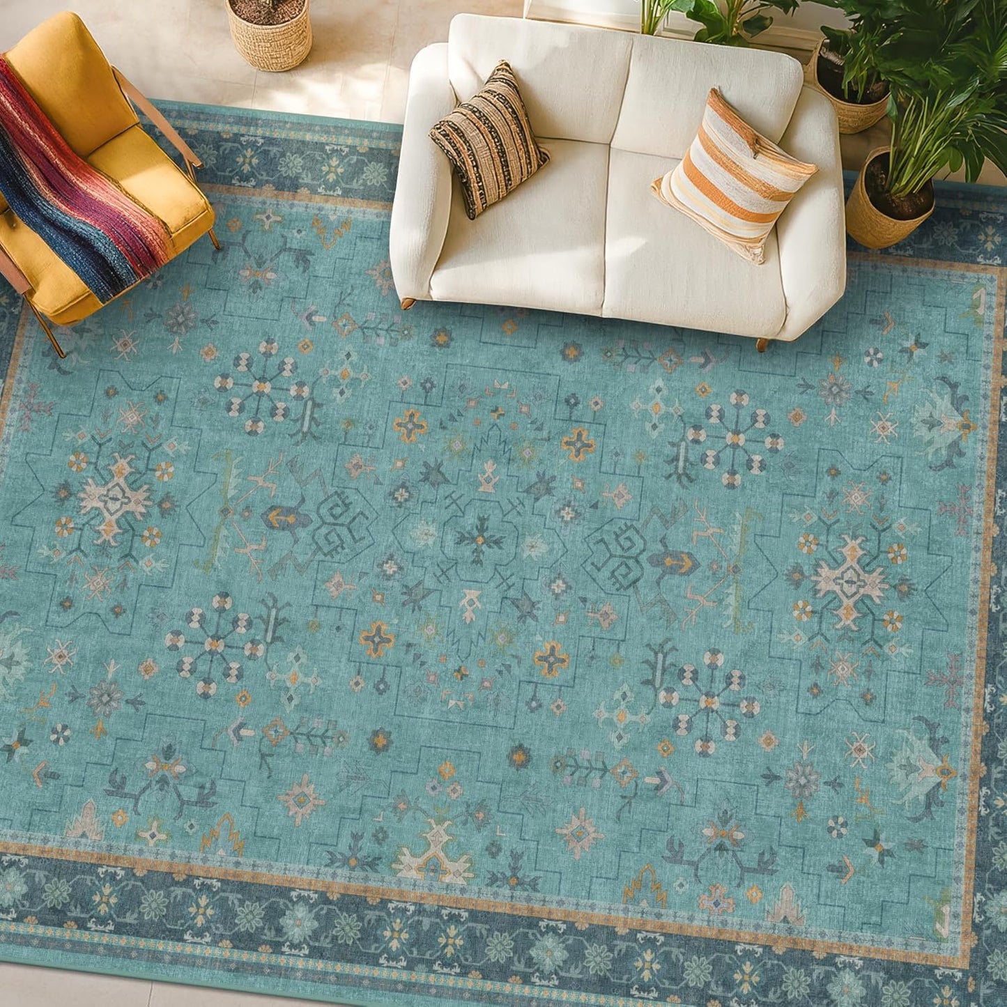 Teal 7x10 Large Area Rug - Washable Soft Floral Pattern for Living Room & Bedroom Décor