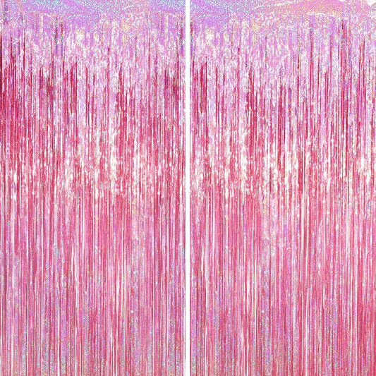 Voircoloria 2 Pack Laser Pink Tinsel Foil Fringe Curtains, Mothers Day Pink Decorations, Metallic Tinsel Party Streamers Backdrop for Birthday Bachelorette Graduation Wedding Party Decorations