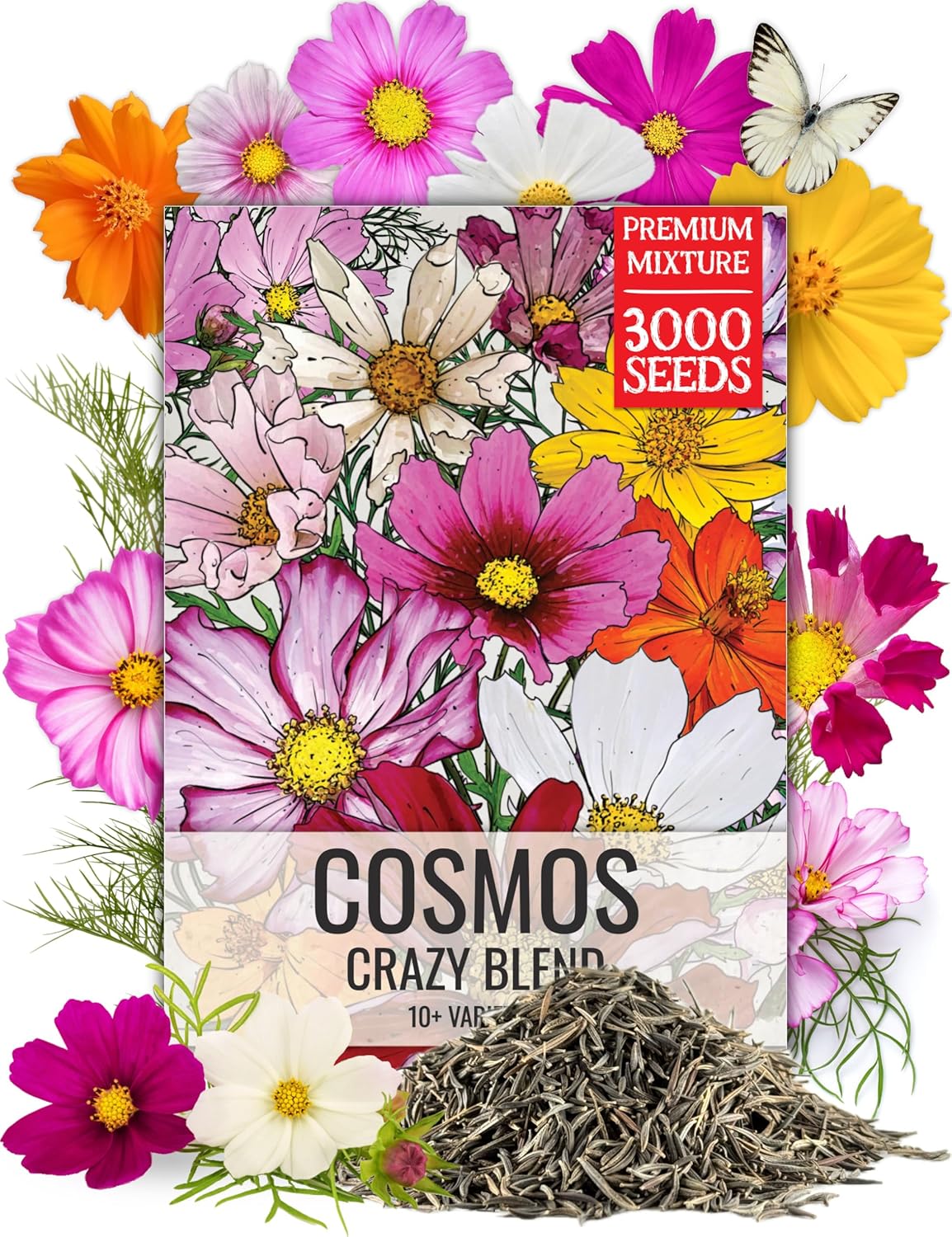 Seed Needs Cosmos Flower Seeds - Crazy Blend of 10+ Varieties | Open Pollinated & Untreated | Resealable Packaging