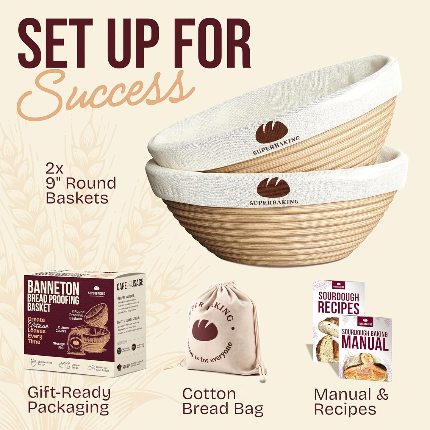 Superbaking Banneton Bread Proofing Basket Set - 9" Round Rattan with Liners for Perfect Sourdough Baking
