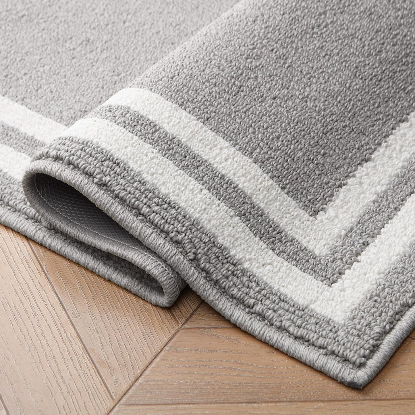 Laura Ashley All Loop Tufted 26" x 96" Washable Skid-Resistant Runner Rug - Light Grey/Ivory Debbie Double Border Two-Tone