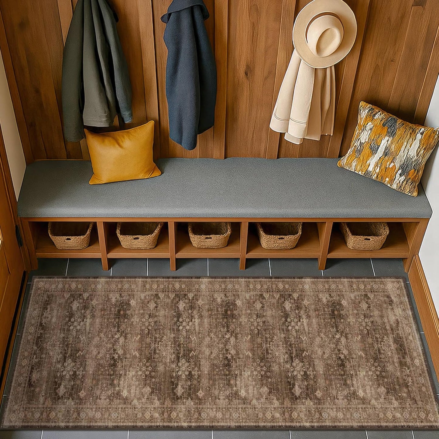 Skiennix Brown Boho Washable Runner Rug - Non-Slip, Stain Resistant, Soft Faux Wool | 2x6 ft for Hallway, Kitchen, Bedroom