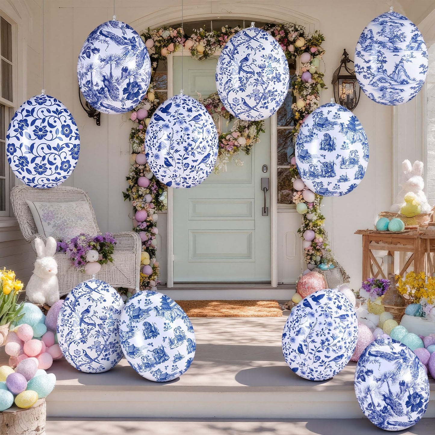 Realspring 12 Pcs 12 Inch Inflatable Blue and White Easter Eggs Decorations Chinoiserie Porcelain Easter Inflatables Outdoor Decor Spring Large Blow up Hanging Egg Ornaments for Holiday Party Supplies
