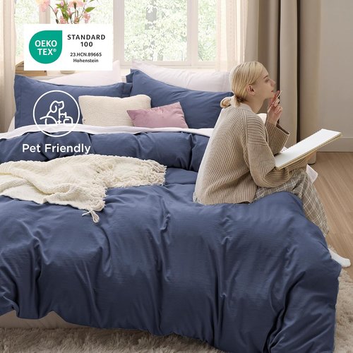 Bedsure Navy Blue Duvet Cover Set - Soft Prewashed Cotton-Like Polyester Twin/Twin XL, 2 Pieces with Zipper Closure