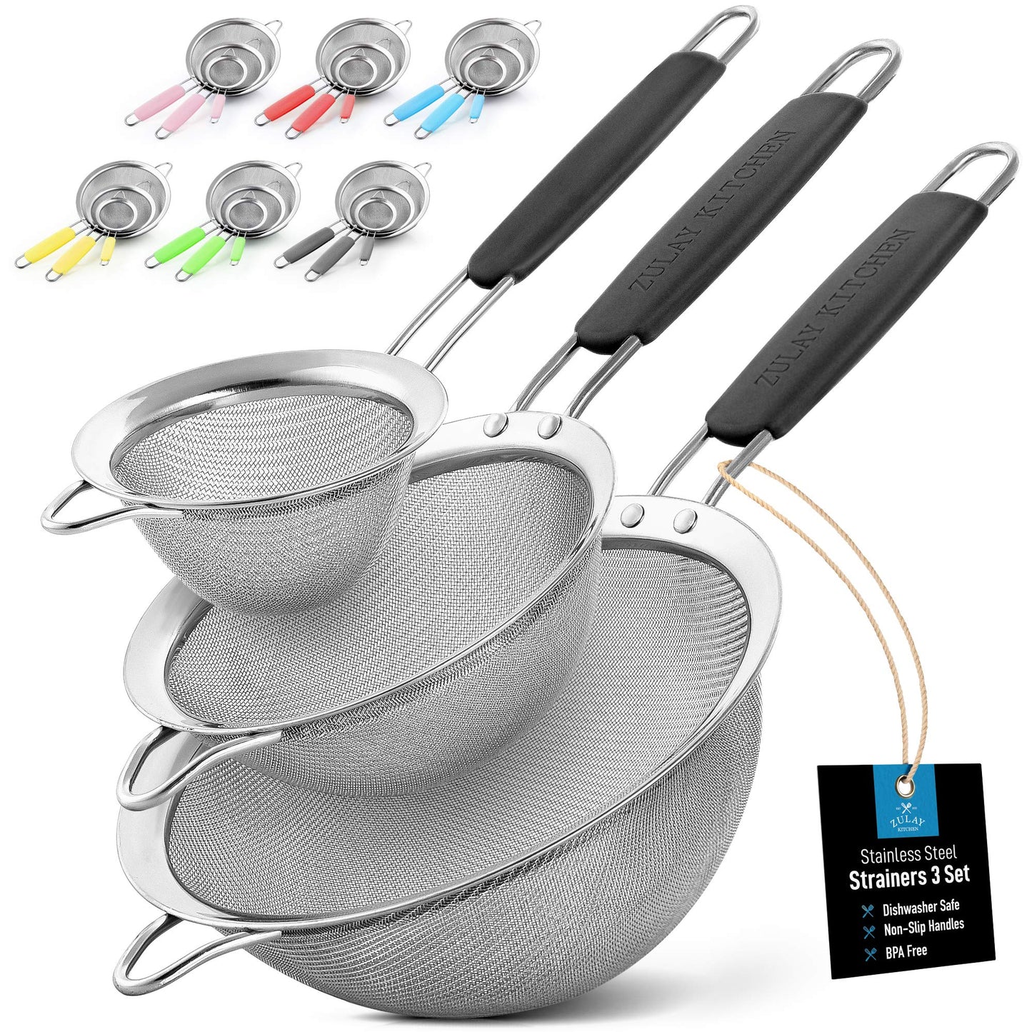 Zulay Kitchen Premium Stainless Steel Fine Mesh Strainer Set - Strainers For Kitchen (Set of 3) With Non-Slip Handles - Includes A Small, Medium & Large Fine Mesh Sieve Set - Durable Metal Strainer