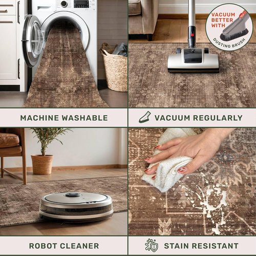 Boho Taupe Brown 4x6 Living Room Rug - Modern Oriental Design, Washable Low Pile, Non-Slip Area Rug