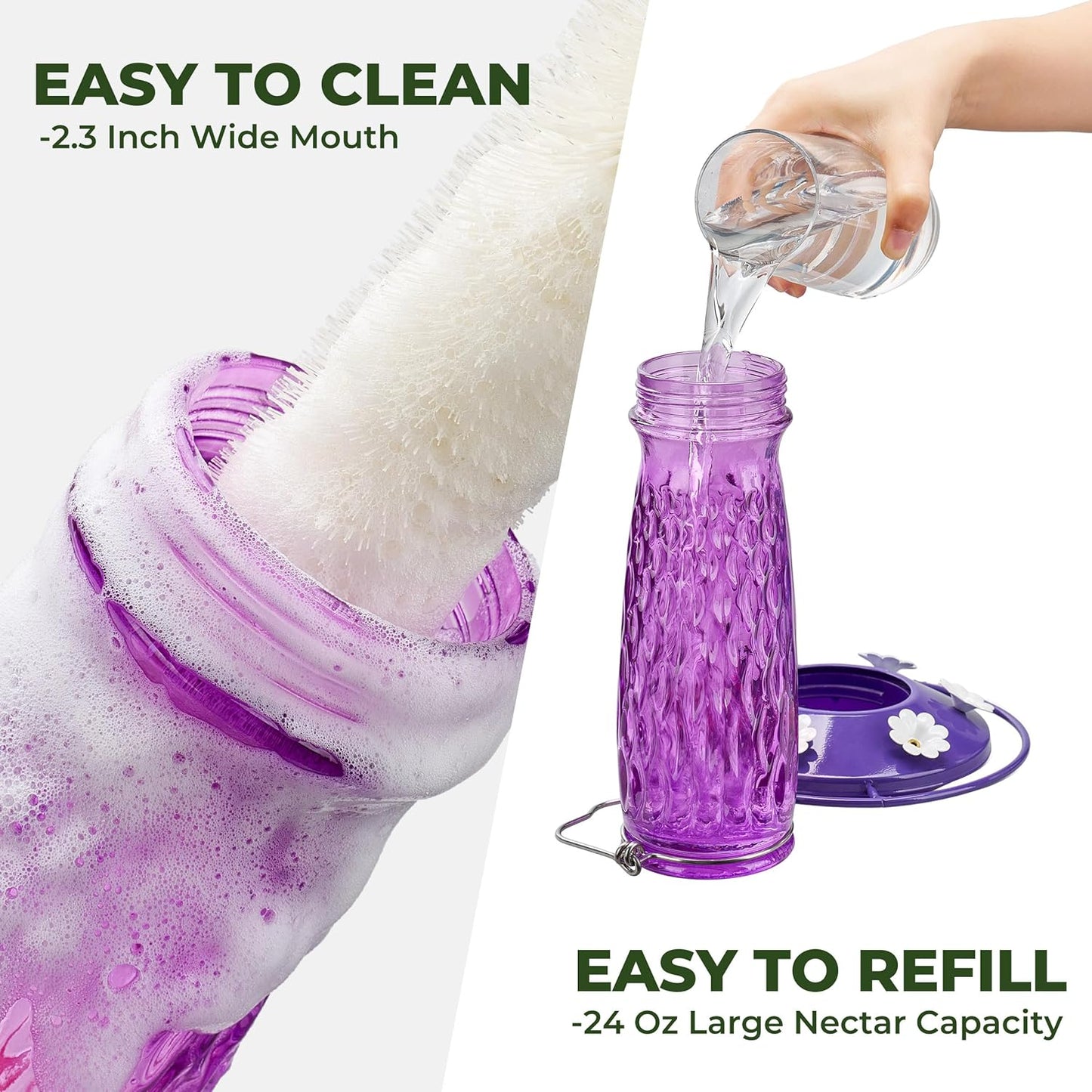 Kingsyard Glass Hummingbird Feeders - 24 oz Leak-Proof Outdoor Nectar Feeders with 6 Ports & Ant Moat - Purple (2 Pack)