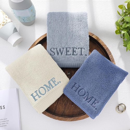 FuWeave Hand Towels Set - Rustic Embroidered Cotton for Bathroom & Kitchen | 3 Pcs Blue Home Sweet Home Decor