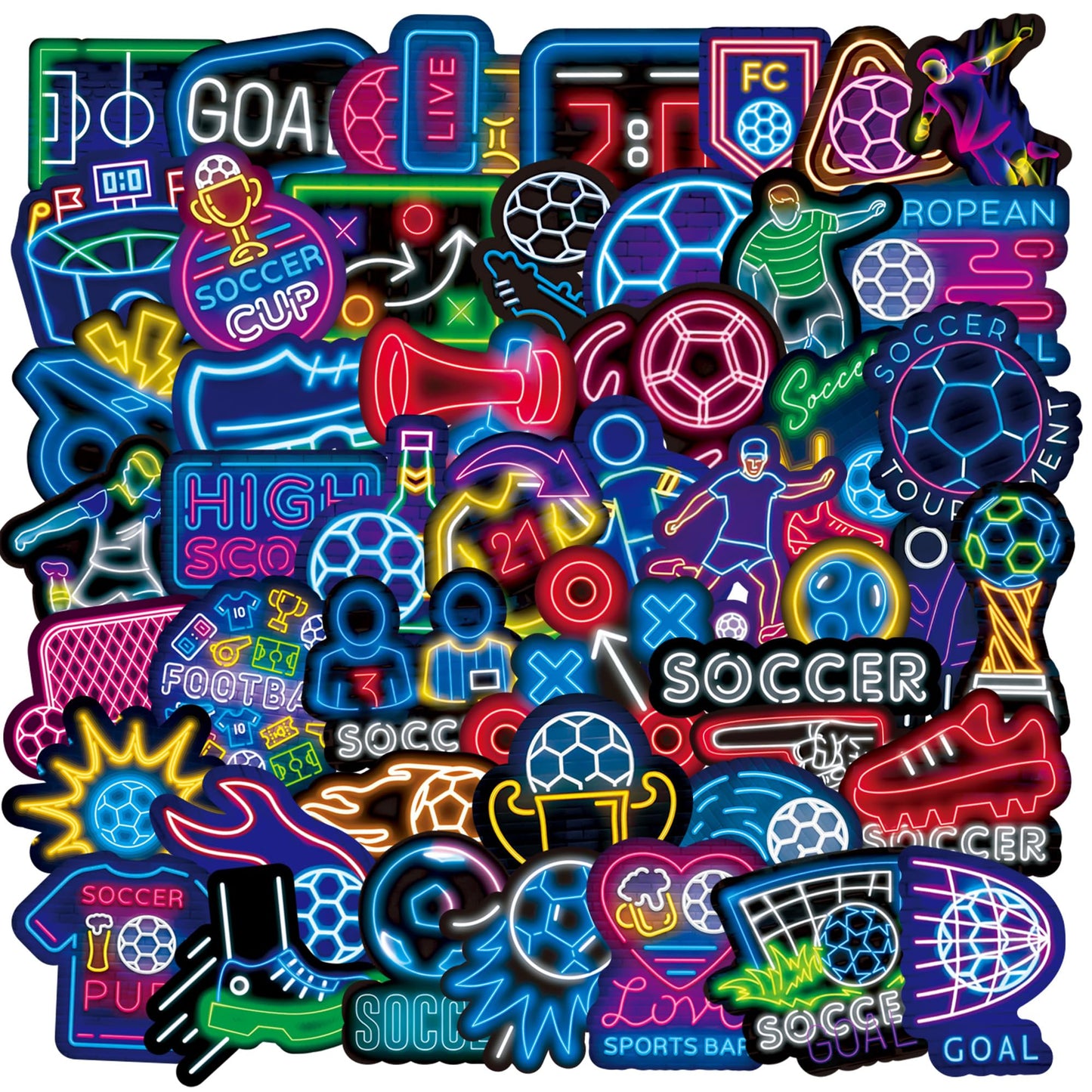 YUISLE 50 PCS Soccer Stickers for Kids Teens & Adults, Cool Neon Football Stickers for Scrapbook Water Bottles, Laptop, Luggage, Vinyl Waterproof Decals for Soccer Team Gifts-B07
