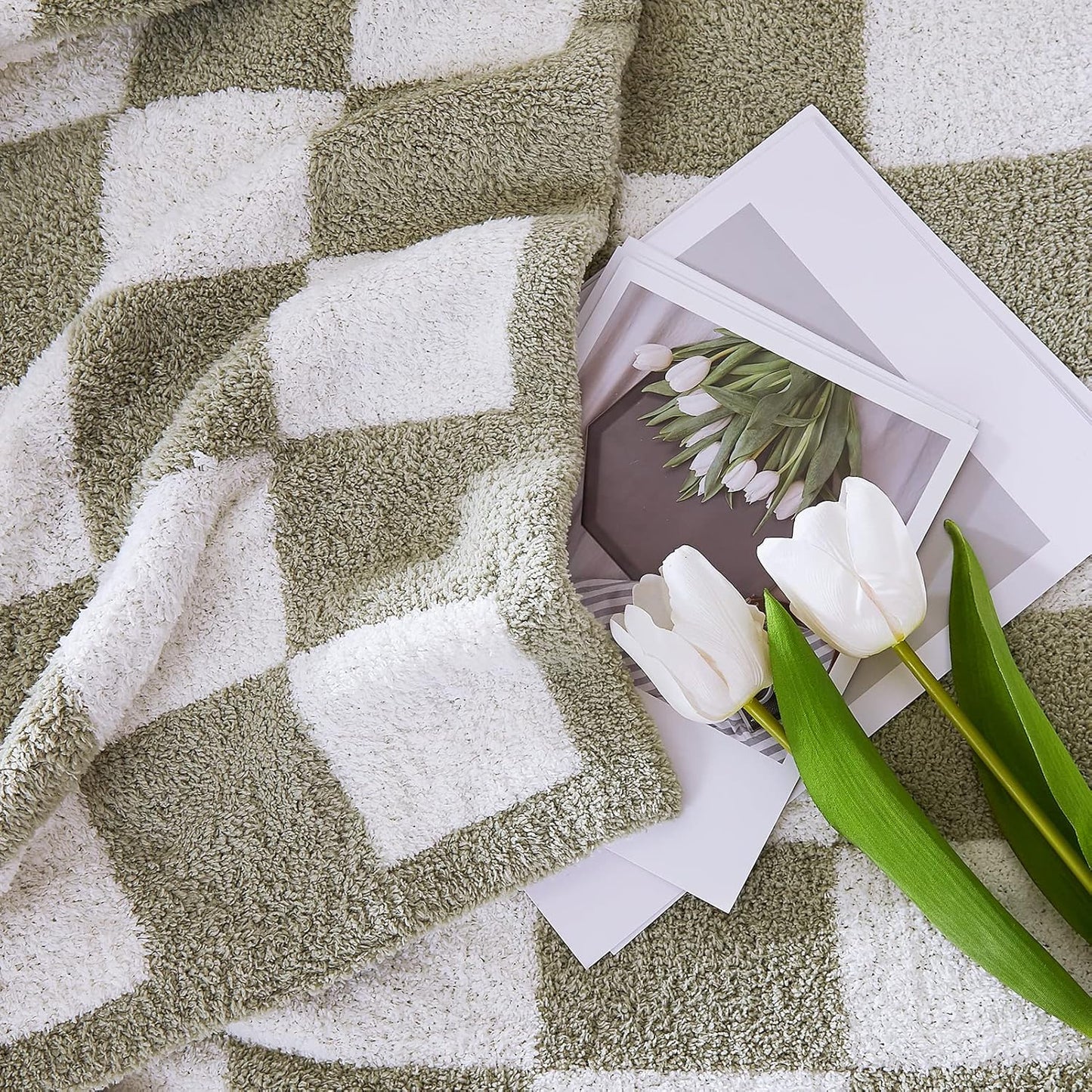 WRENSONGE Checkered Throw Blanket - Sage Green Cozy Soft Handmade Blanket for Couch & Travel