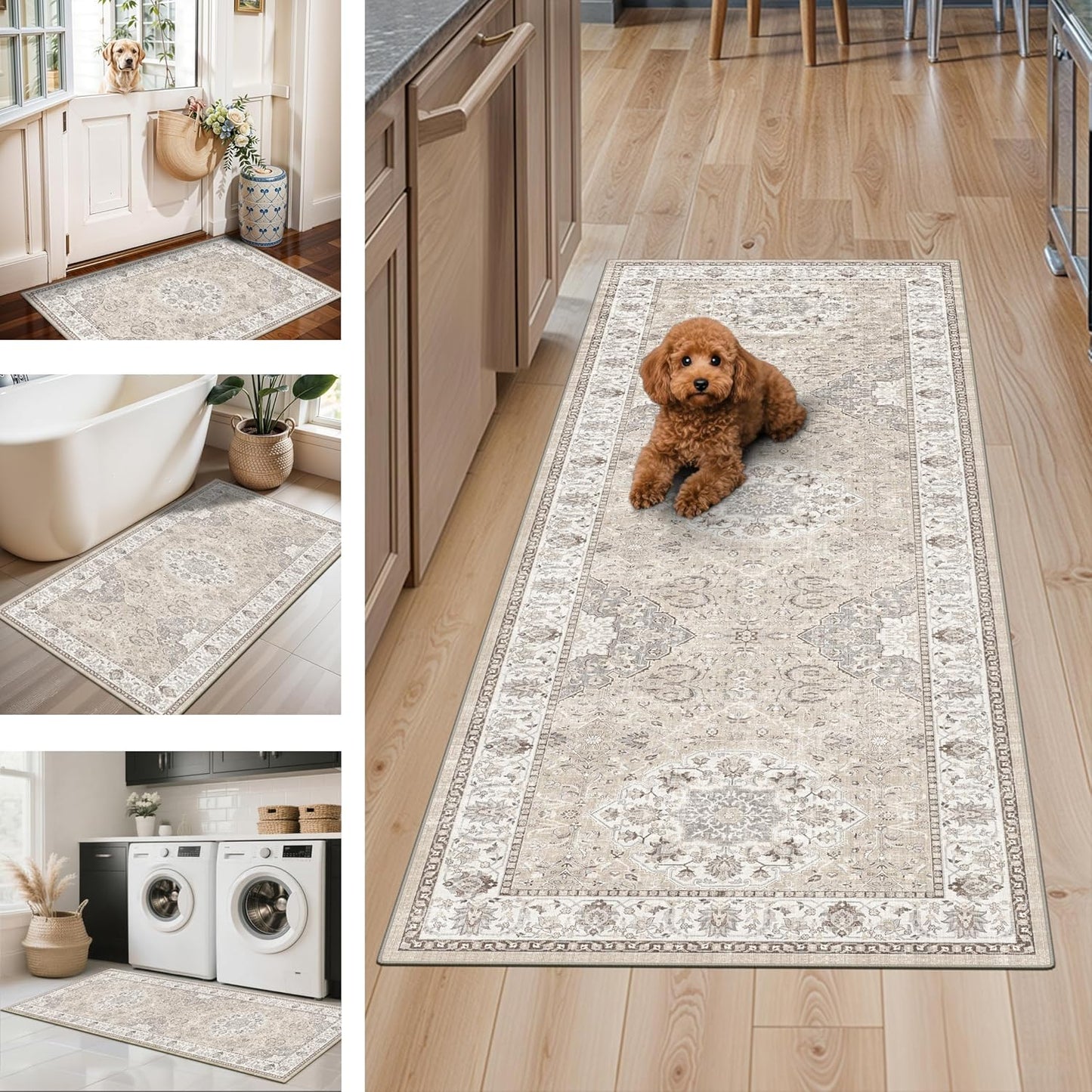 Skiennix Kitchen Rug Set - Washable Water-Resistant Soft Mats with Non-Slip Backing | Beige, 4 Pieces (2x3, 2x4, 2x5, 2x6)