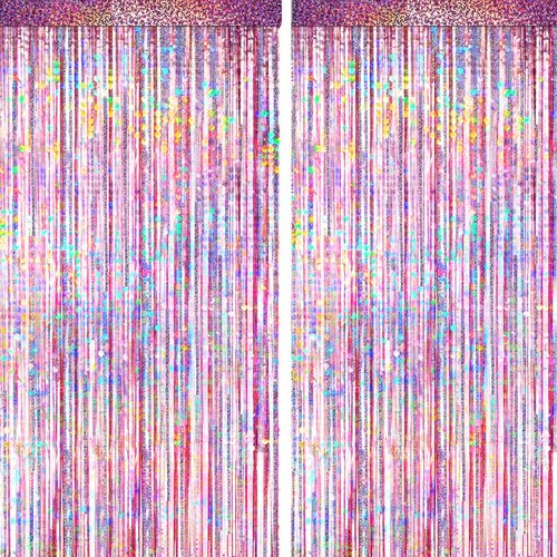 4 Packs Pink Foil Fringe Curtain, Pink Glitter Metallic Tinsel Backdrop for Birthday, Wedding, Baby Shower, Princess Bachelorette Cowgirl Party Decorations Supplies