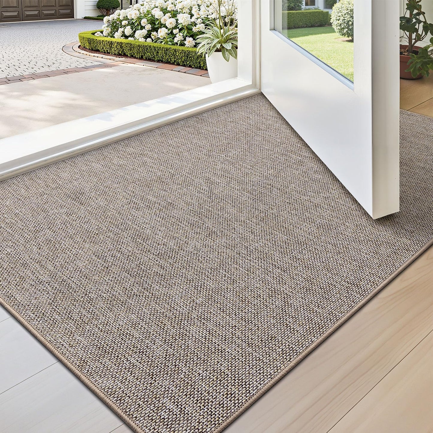 LUMI Ultra Thin Indoor Door Mat - 24"x36" Low Profile Non-Slip Rubber Backing | Easy-Clean Khaki Welcome Mat