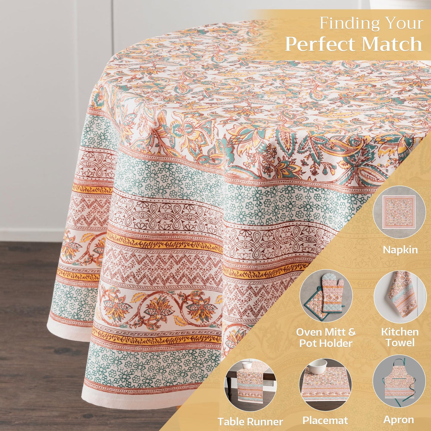 Maison d' Hermine Table Cloth Round Table 100% Cotton 63 Inches Fall Tablecloth Reusable Everyday Use for Thanksgiving Christmas Decorations Dining Farmhouse Party (Nila)