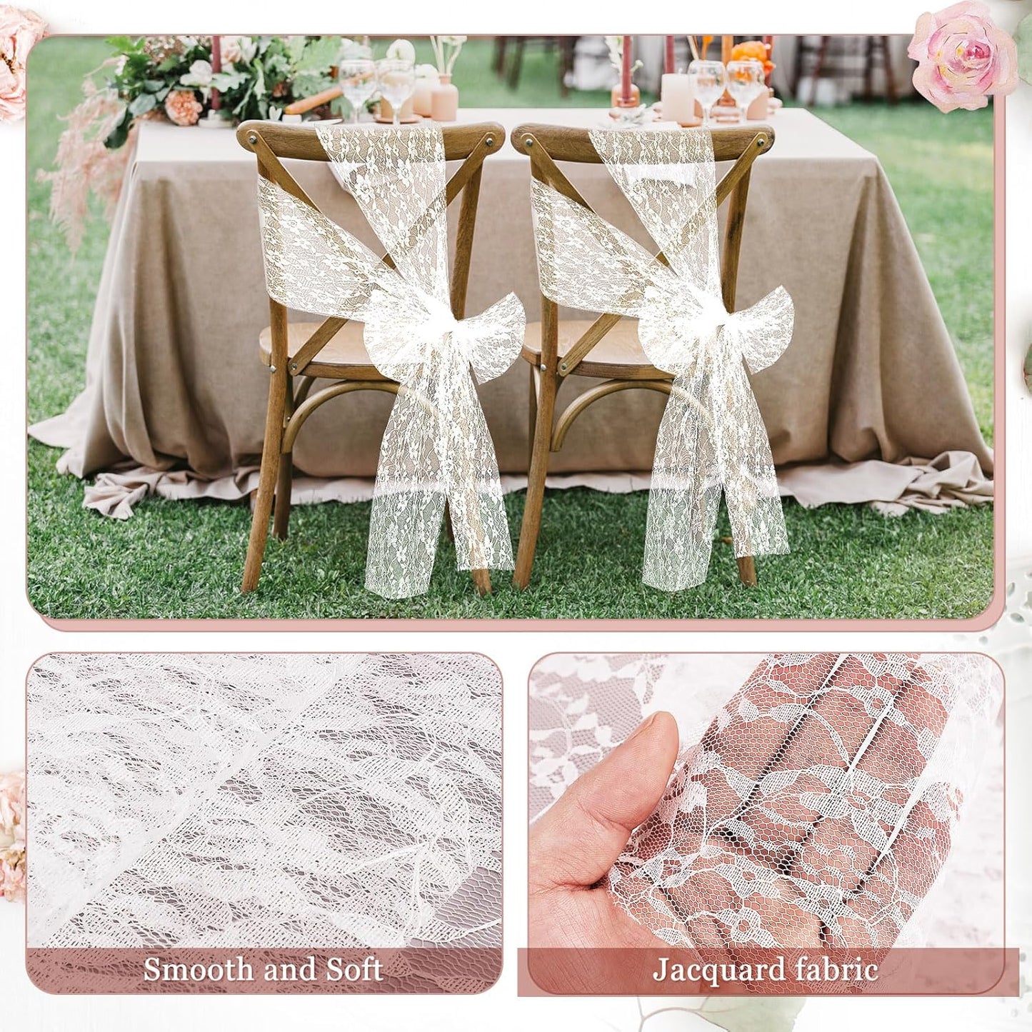 VitalCozy Vintage Chair Sashes - 50 Pcs Embroidered Boho Bows for Weddings & Events | 7 x 108 Inches, White