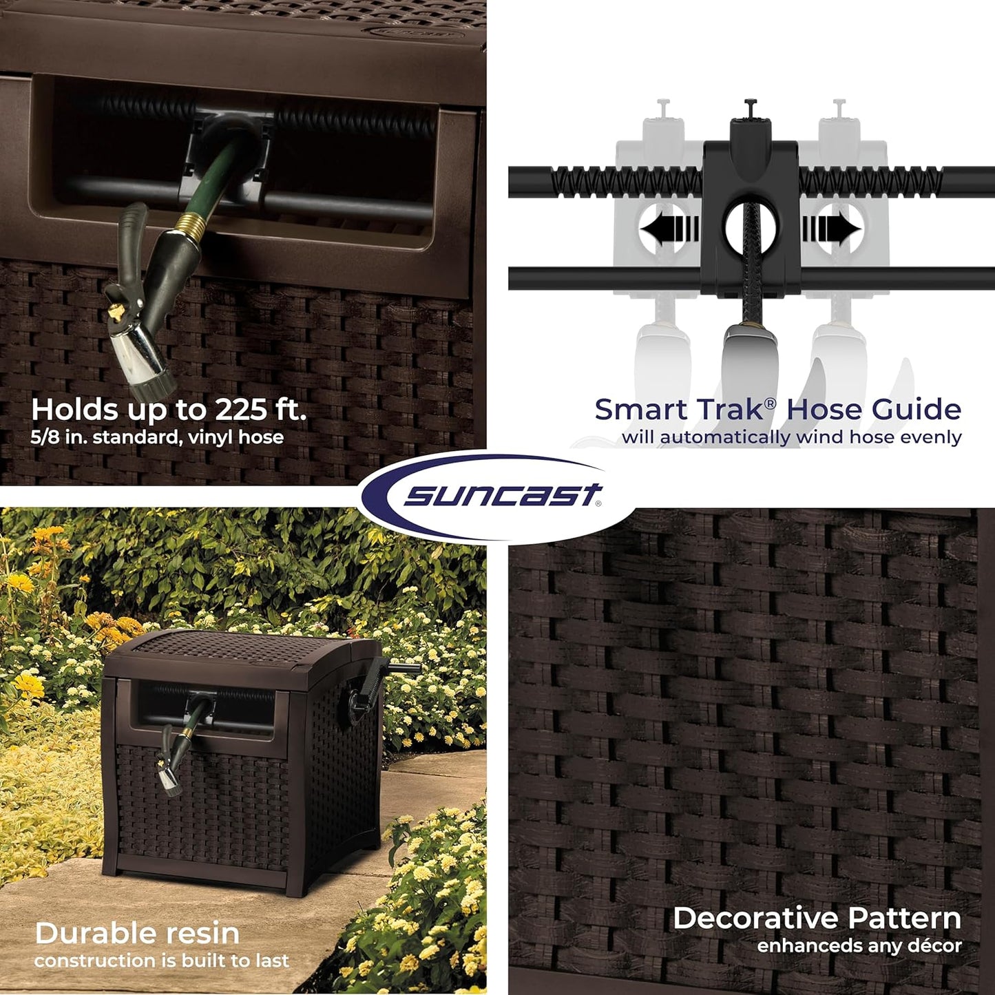 Suncast Hose Reel - Smart Trak Hose Guide & Water-Tight Connection - Durable Resin, 225' Capacity, Brown