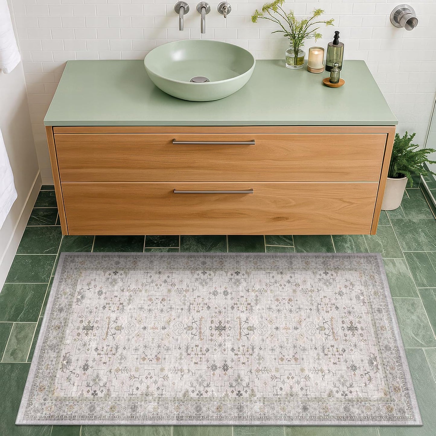 Regine Switzerland Light Grey Boho Bathroom Rug - Washable Low Pile Non-Slip 2x4 Area Mat