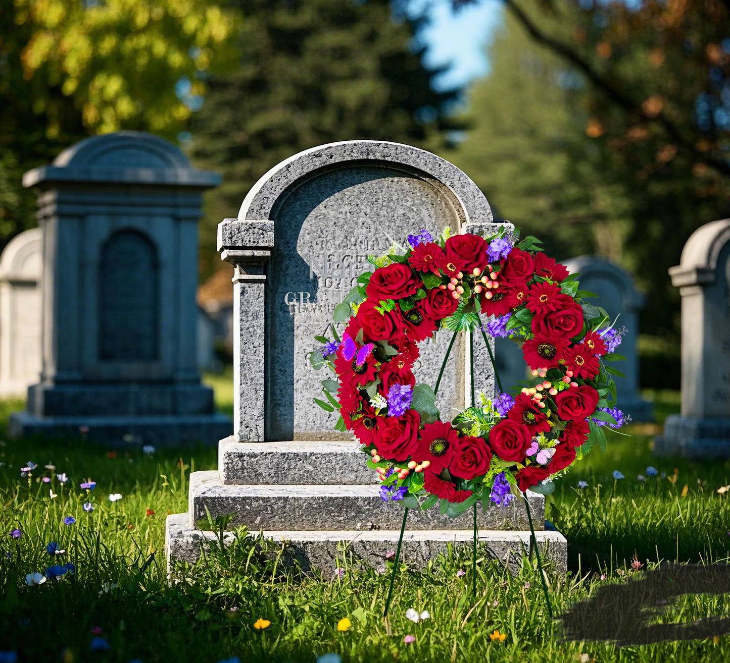 Naramiji Cemetery Wreath for Grave, Red Roses Memorial Wreath with 30 Inch Easeal Stand, Fade-Resistant