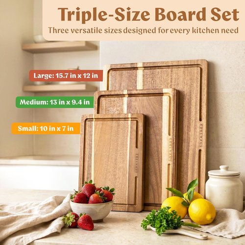 Acacia Wood Cutting Board Set - Non-Toxic, Durable Chopping Boards with Deep Juice Groove | 3-Piece Set for Meat, Cheese & Vegetables