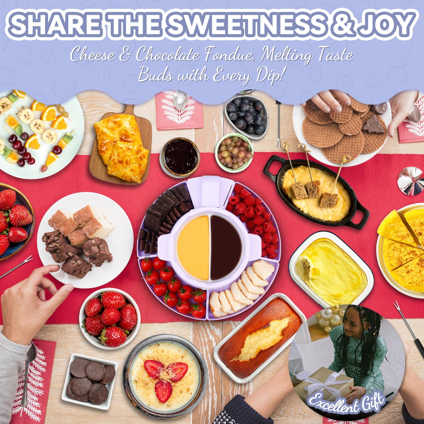 Party Desserts Electric Fondue Pot Set with 2 Pots, Candy & Chocolate Melting Pot, Melting Chocolate Warmer for Dipping, Fondue Pot Electric Set, Fondue Forks Included, 2.5 Cups, Lavender