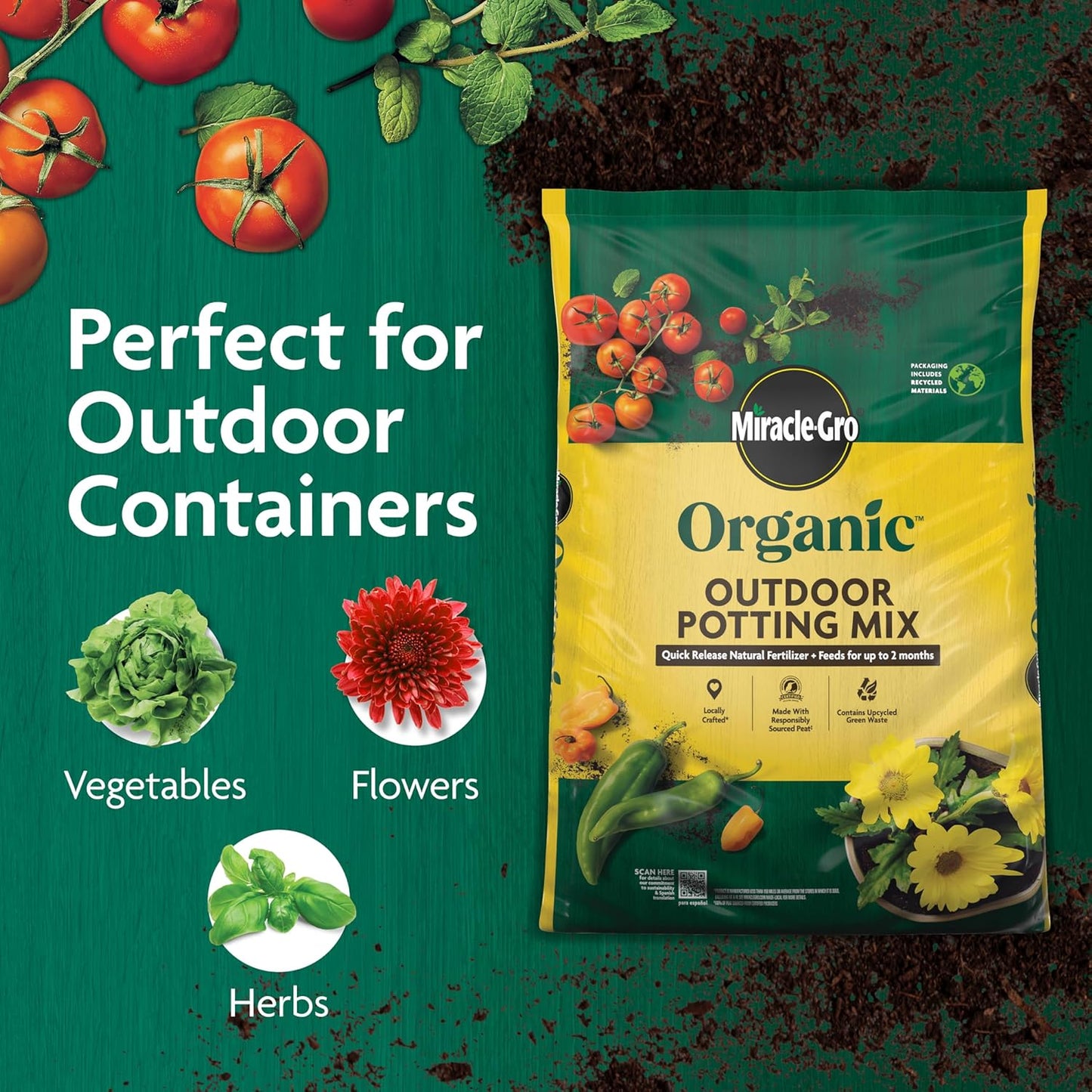 Miracle-Gro Organic Outdoor Potting Mix - Premium Soil for Container Plants | Quick-Release Fertilizer, 16 qt.