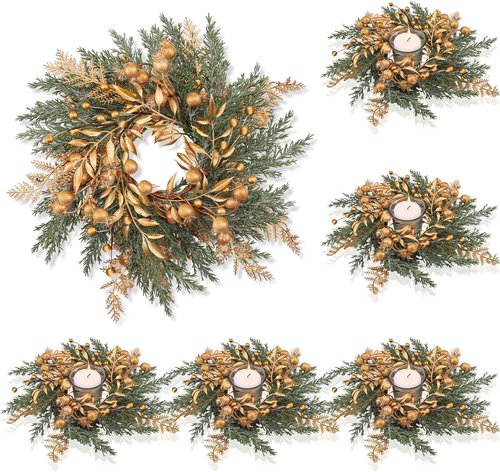 Cindeer Christmas Candle Rings - 6 Pcs Gold Wreaths with Artificial Berries | 8.4 Inch Centerpiece Decor