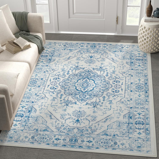 jinchan Area Rug 4x6 Medallion Floral Washable Rug Accent Floor Cover Non Slip Living Room Vintage Mat Retro Thin Soft Carpet for Bedroom Dining Room Kitchen Distressed Blue