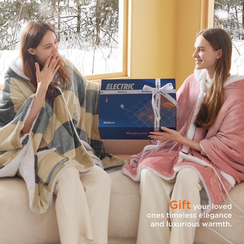 Bedsure Heated Blanket Wearable Shawl - Electric Wrap Poncho Blanket Hoodie for Adult, Winter Gifts for Mom Women Girlfriend, Warm Sherpa Heating Throw, Auto Shut Off, 50x64 inches, Printed Cat