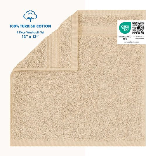 Cotton Paradise 100% Cotton Turkish Washcloth Set - 4 Soft Absorbent Towels in Beige
