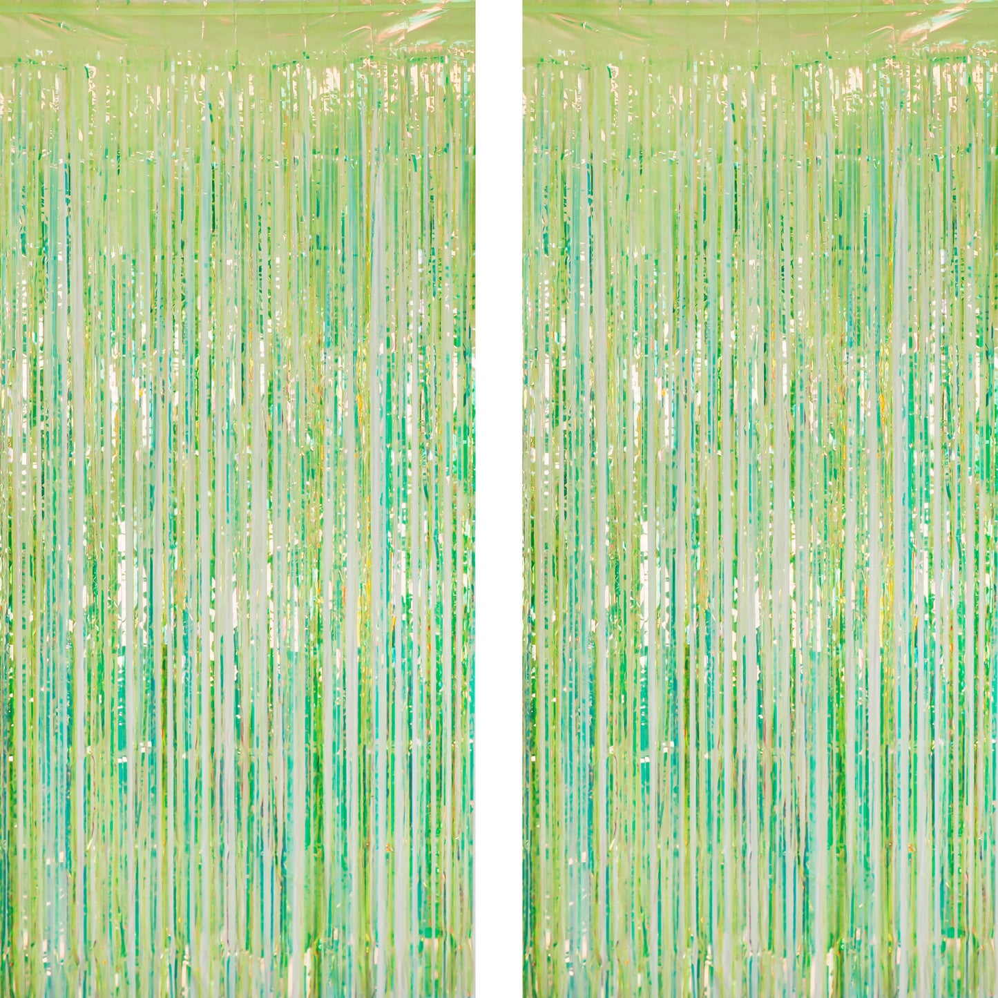 GREATRIL Iridescent Green Party Streamers Tinsel Foil Fringe Curtain for Wild Luau Dinosaur Theme Birthdays Decorations, 3.2 x 6.5 ft, 2 Pack
