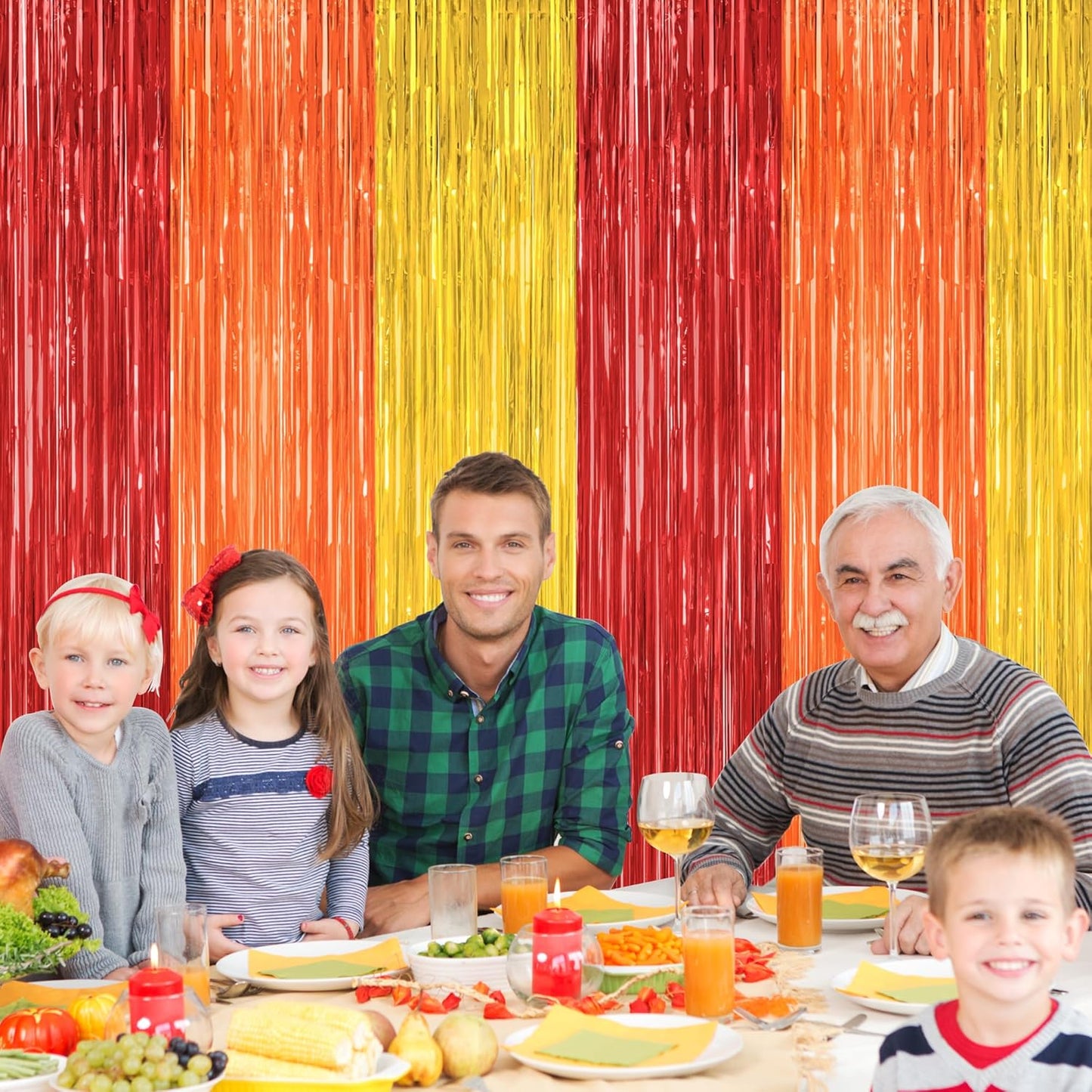 Regine Switzerland Thanksgiving Backdrop - 2 Pack Red Orange Gold Metallic Fringe Curtains | 3.28 FT x 7.05 FT Party Decor