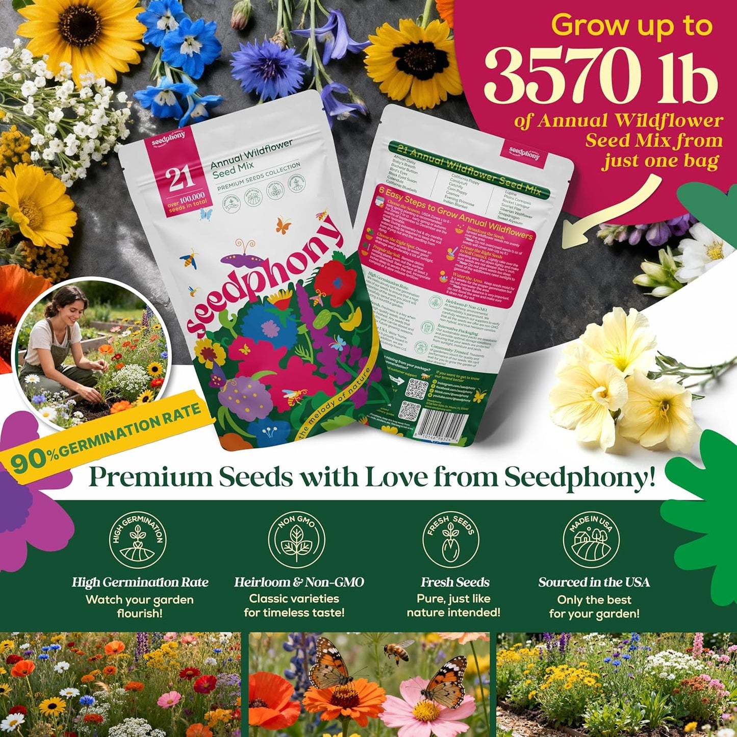 Seedphony 21 Annual Wildflower Mix - 100,000 Non-GMO Heirloom Seeds in Waterproof Packet | Attract Bees & Butterflies