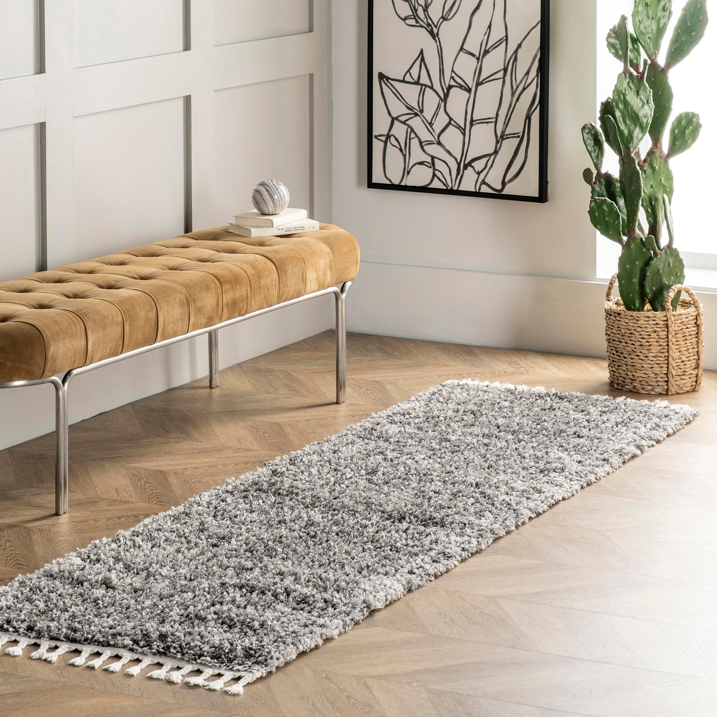nuLOOM Brooke Shag Tasseled Area Rug - 2x12 Runner Shag Rug Casual Grey/Ivory Rugs for Living Room Bedroom Dining Room Nursery Entryway Hallway