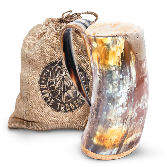 Norse Tradesman Original XL Viking Drinking Horn Mug - 100% Authentic Beer Horn Tankard With Natural Surface & Burlap Gift Sack | The Original, Low Polish, approx. 30 oz