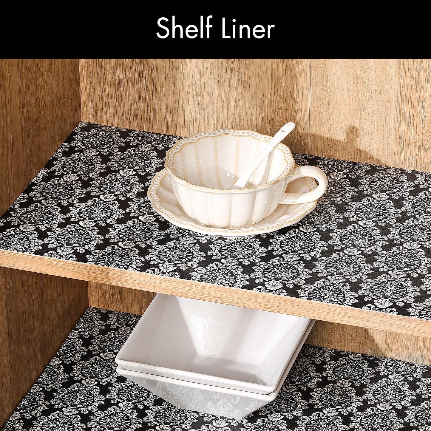 Cooyes Shelf and Drawer Liners for Kitchen Cabinets, Non-Adhesive Cabinet Liners, EVA Waterproof Durable Shelf Paper for Refrigerator, Shelves, Cupboard with European Pattern, Easy to Cut