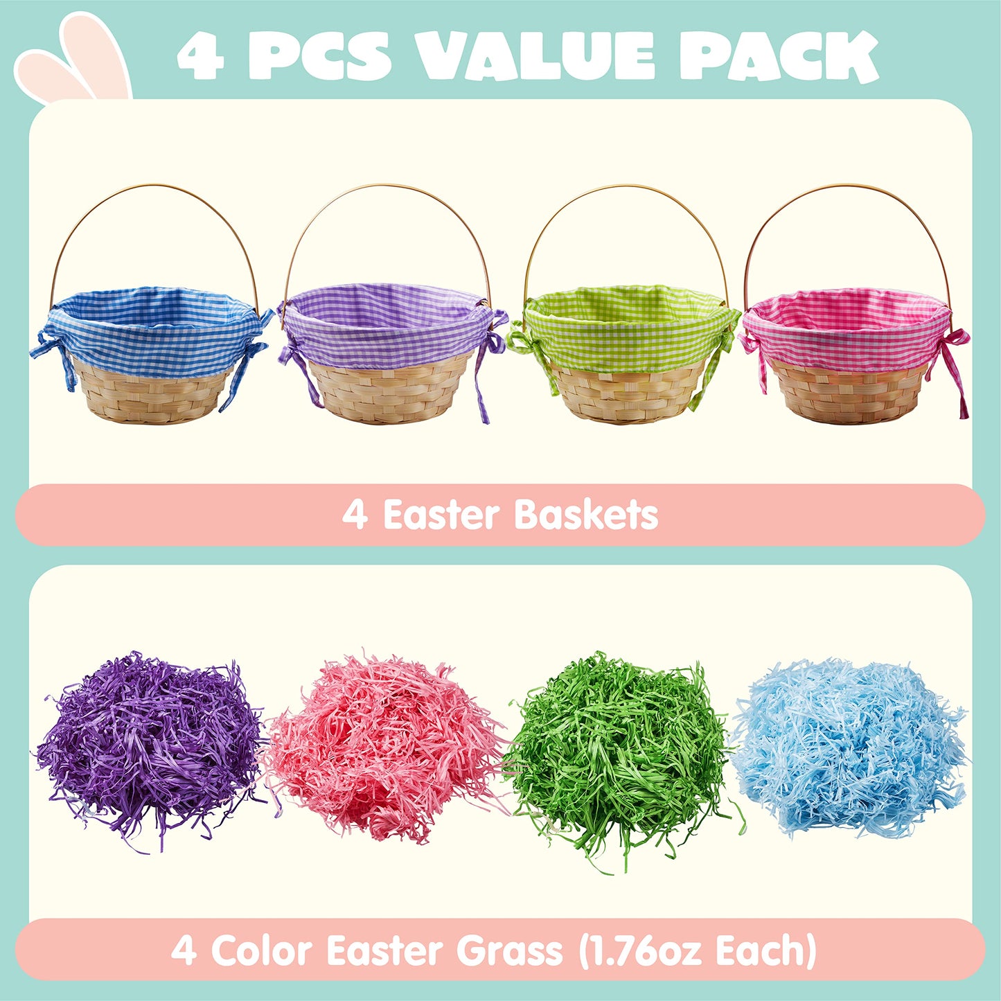 JOYIN 4 Pcs Easter Bamboo Baskets Gift Woven Baskets with Handles and 4 Colors Grass Paper Shreds, Candy Wicker Candy Toys Storage Bucket for Easter Egg Hunt, Kids Party Supplies(9" X 8")