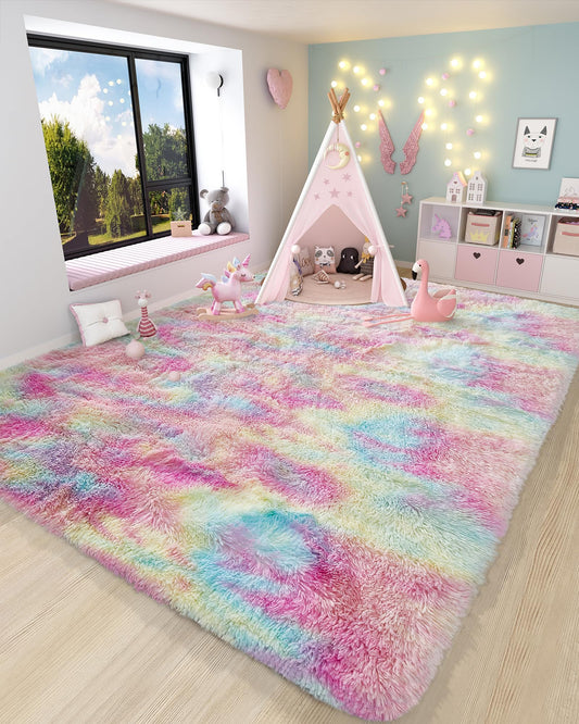 Ophanie Rainbow Colorful Rugs for Living Room , Unicorn Fluffy Shag Fuzzy Plush Soft Carpets, Floor Shaggy Area Bedroom, Carpet Kids Girls Dorm Nursery Home Decor Aesthetic, 5x8 Feet