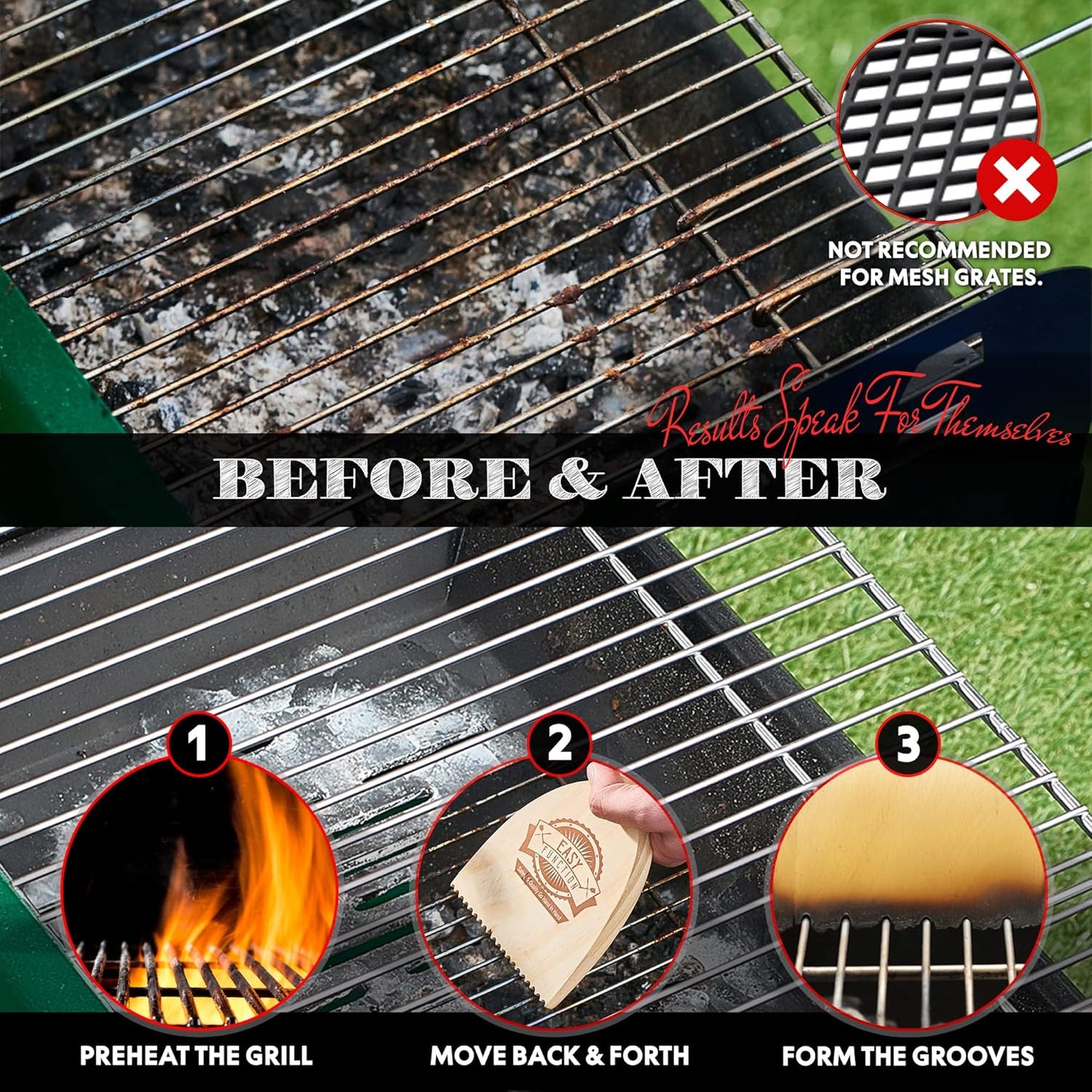 Wood Grill Scraper - Safe Wooden BBQ Brush Cleaner | Bristle-Free Barbecue Tool