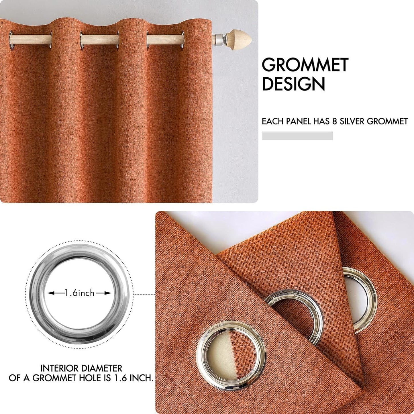 MIULEE Linen Curtains - 100% Blackout Thermal Insulated Drapes | Orange Grommet, 52 x 90 Inch (2 Panels)