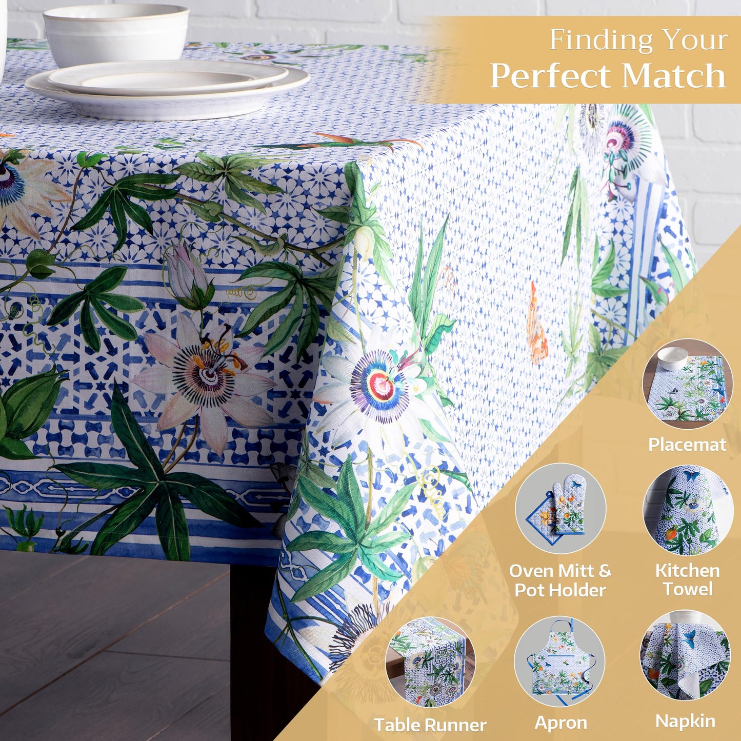 Maison d' Hermine Table Cloth Rectangle Table 100% Cotton 70 x 90 Inches Tablecloth Reusable Decorative for Dining Kitchen Room Farmhouse Home Gifts for Mothers Day Spring Summer - Passiflora