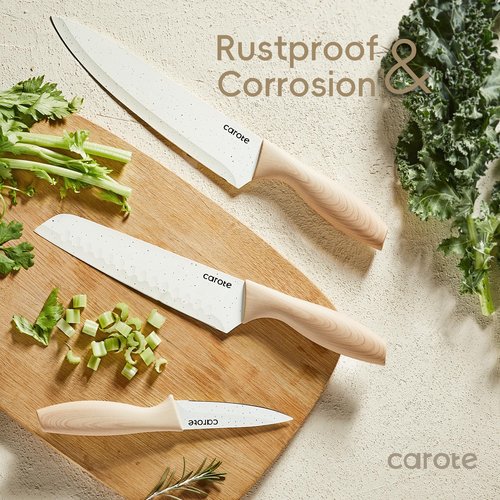 CAROTE 12PCS Knife set with Blade Guards,Granite Nonstick Ceramic Coating,Stainless Steel blade, Anti-Slip Handle, Essential Knives, Rustproof, White